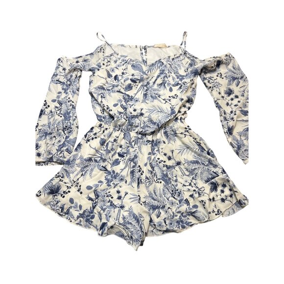 Altar'd State Romper Cold Shoulder Ruffle Leg Hem Blue White Floral Sz Small - Picture 1 of 4